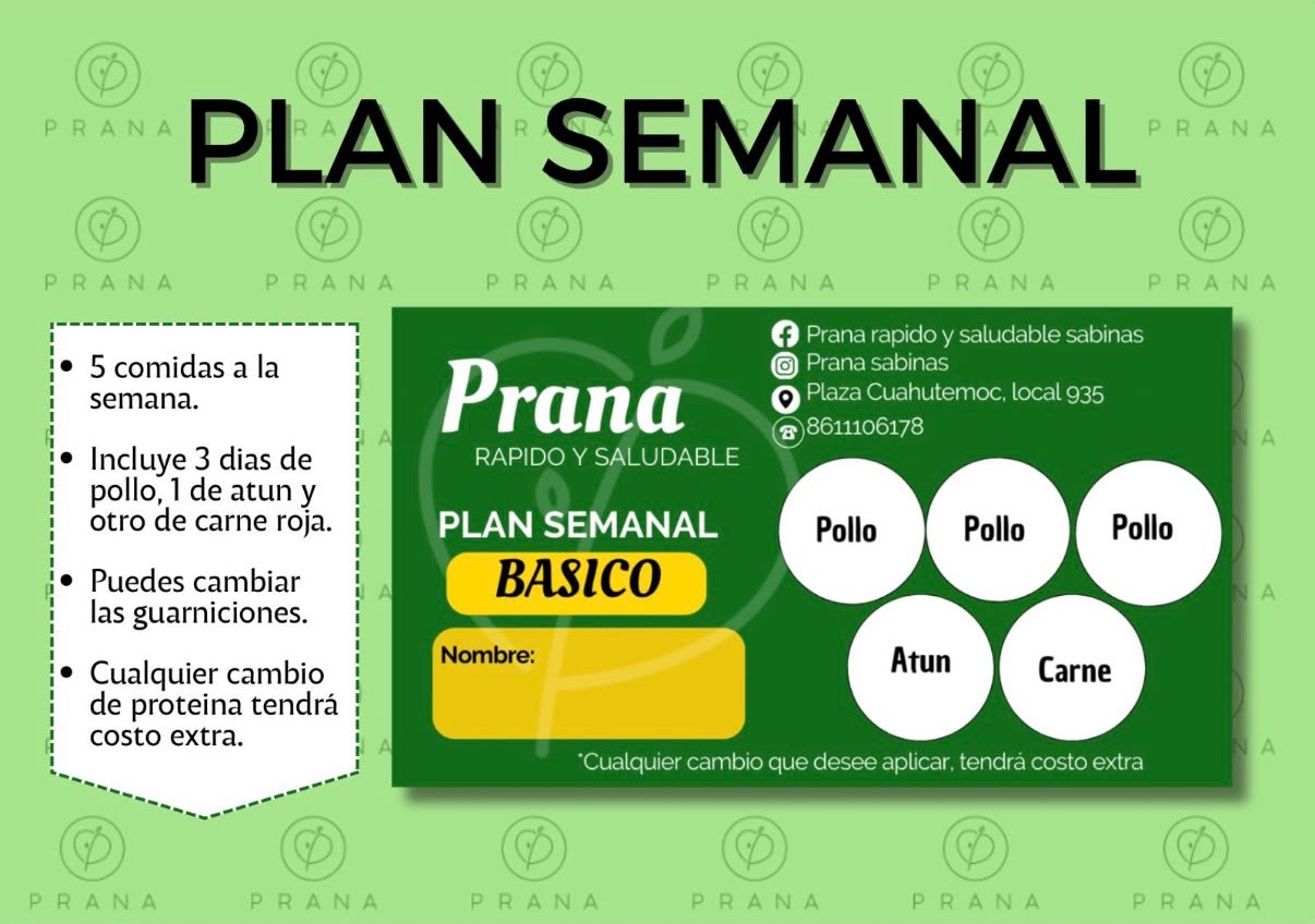 Tarjeta del Plan Semanal Básico de Prana: pollo, pollo, pollo, atún y carne