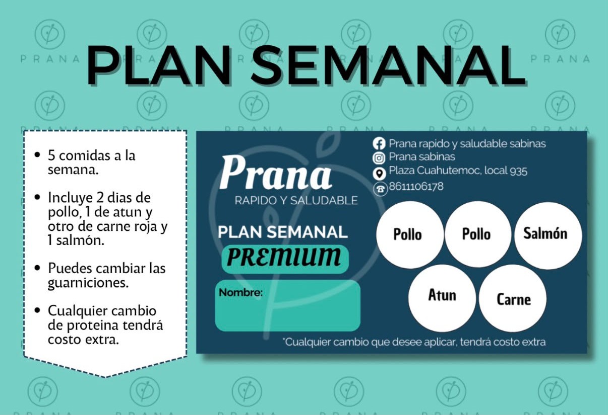 Tarjeta del Plan Semanal Premium de Prana: pollo, pollo, salmón, atún y carne