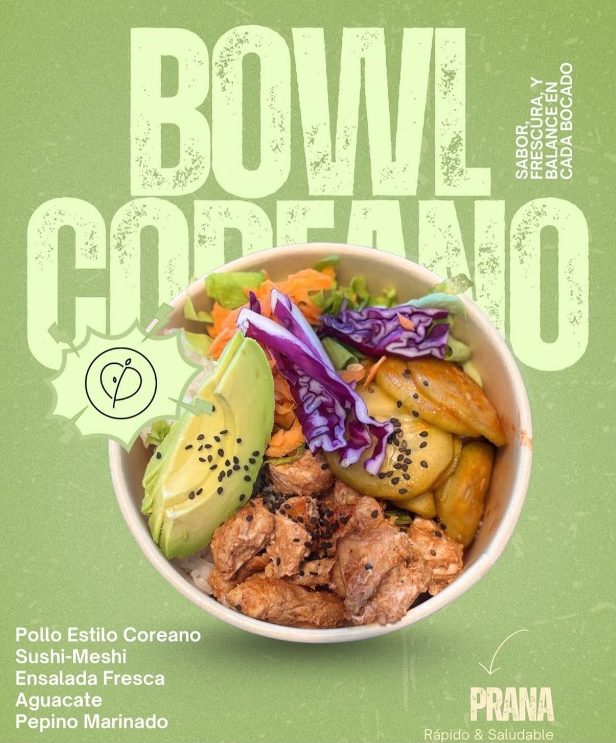 Post de Prana: Bowl coreano con pollo estilo coreano, sushi-meshi, aguacate y pepino marinado